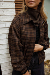 Brown Checkered Zipper Placket Jacket