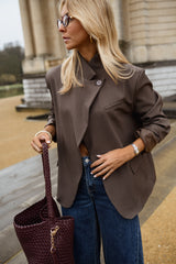 Brown Asymmetrical Planket One-Button Blazer