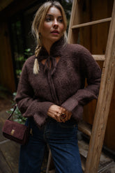 Brown Front Neck-Tie Knit Sweater