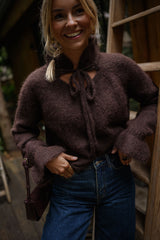 Brown Front Neck-Tie Knit Sweater