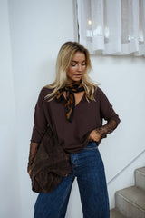 Brown Crochet Lace Cuffed Knit Sweater