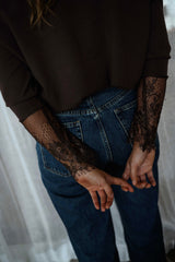 Brown Crochet Lace Cuffed Knit Sweater