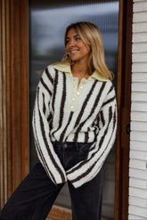 Brown Striped Collared Knit Sweater