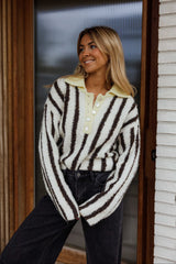 Brown Striped Collared Knit Sweater