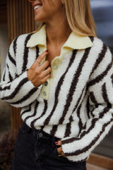 Brown Striped Collared Knit Sweater