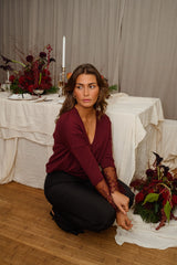 Burgundy Crochet Lace Cuff Knit Sweater