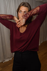 Burgundy Crochet Lace Cuff Knit Sweater