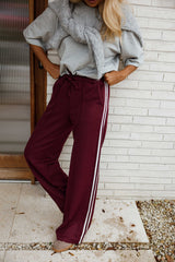 Burgundy Side Contrast Striped Waty Pants