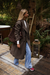 Taupe Double-Breasted Long Woolen Coat