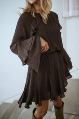 Chocolate Long Sleeves Flounced Mini Dress