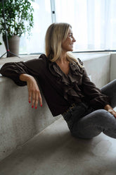 Chocolate Ruffled Neckline Chiffon Blouse