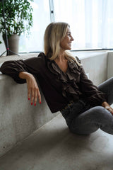 Chocolate Ruffled Neckline Chiffon Blouse