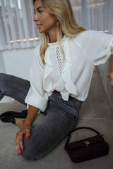 White Front Ruffled Detail Chiffon Blouse