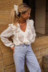 White Flounced Long Sleeves Blouse