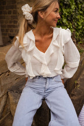 White Flounced Long Sleeves Blouse
