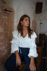 White Flounced Sleeves Chiffon Blouse