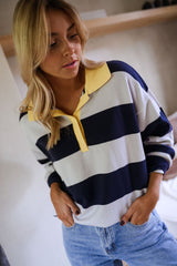 Grey and Blue Striped Knit Polo Sweater