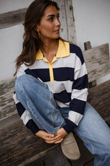 Grey and Blue Striped Knit Polo Sweater