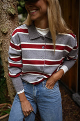Grey Striped Button Down Knit Sweater