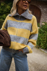 Grey and Yellow Striped Zippered Cardigan