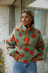 Green and Orange Floral Fleece Coat