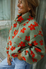Green and Orange Floral Fleece Coat