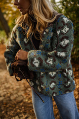 Green Floral Patterned Fleece Coat