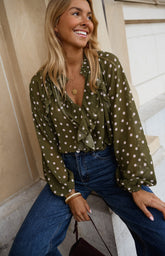 Green Polka Dot Print Chiffon Blouse