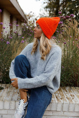 Orange Ribbed Knit Beanie Hat