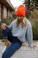 Orange Ribbed Knit Beanie Hat