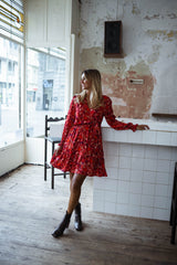 Red Floral Long Sleeves Mini Dress