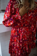 Red Floral Long Sleeves Mini Dress