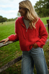 Red Front Zipper Hooded Cardigan