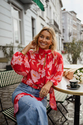 Red Floral Neck-Tie Chiffon Blouse