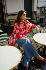 Red Floral Neck-Tie Chiffon Blouse