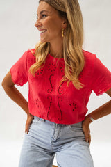 Watermelon Red Crochet Lace Short Sleeves Top