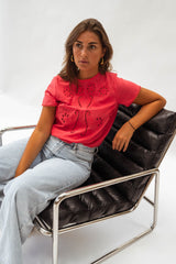 Watermelon Red Crochet Lace Short Sleeves Top