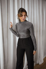 Silver Sequined Slim Fit Blouse