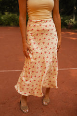 Yellow Floral Satin Midi Skirt