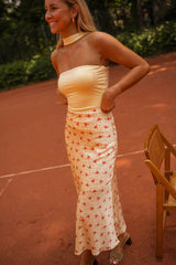 Yellow Floral Satin Midi Skirt