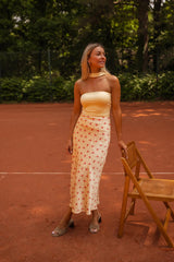 Yellow Floral Satin Midi Skirt