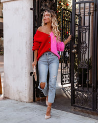 Frostine Button Front Colorblock Cardigan - Pink Red