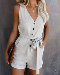 Garner Pocketed Button Down Tie Romper - Natural