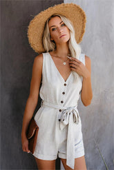 Garner Pocketed Button Down Tie Romper - Natural