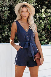 Garner Pocketed Button Down Tie Romper - Navy