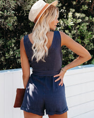 Garner Pocketed Button Down Tie Romper - Navy