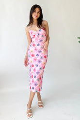 Pink Floral Bodycon Midi Dress
