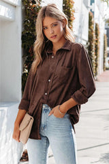 Jinnie Faux Suede Button Down Top - Brown - FINAL SALE