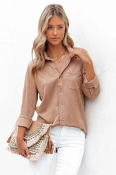 Jinnie Faux Suede Button Down Top - Taupe - FINAL SALE