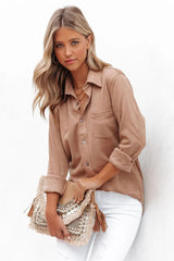Jinnie Faux Suede Button Down Top - Taupe - FINAL SALE
